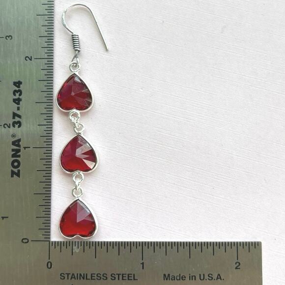 925 Sterling Garnet Dangle Heart  Earrings - Picture 5 of 5